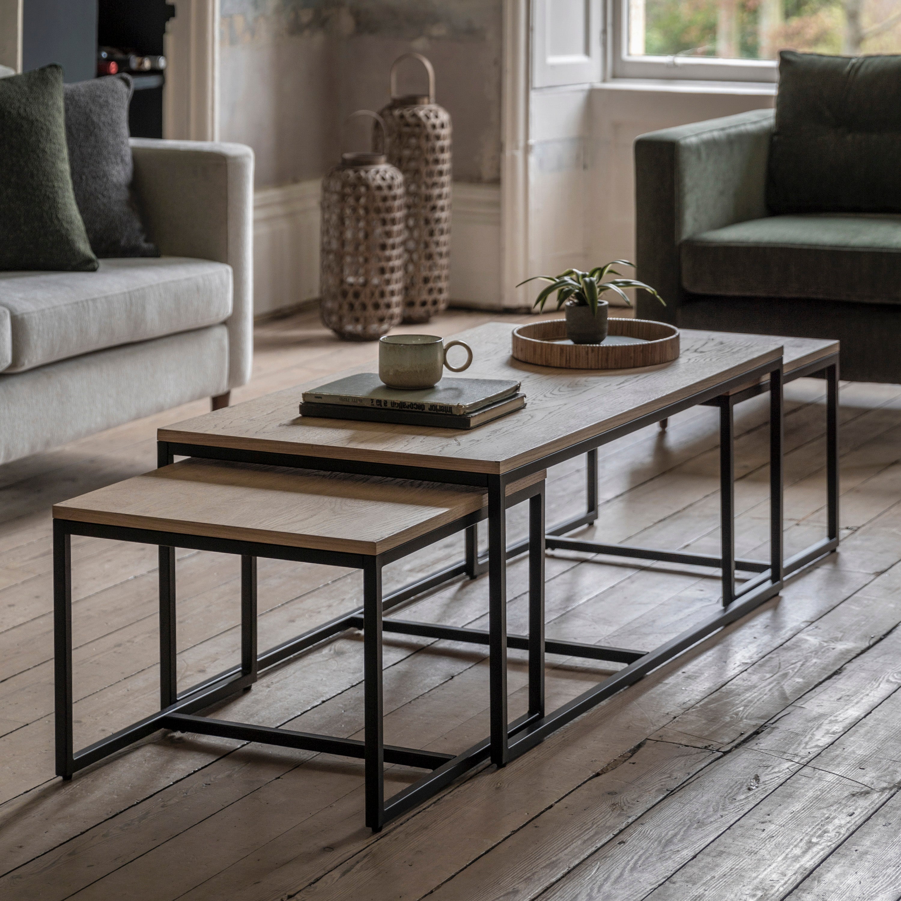 Bentley Natural Oak Wood & Matt Black Coffee Table Nest